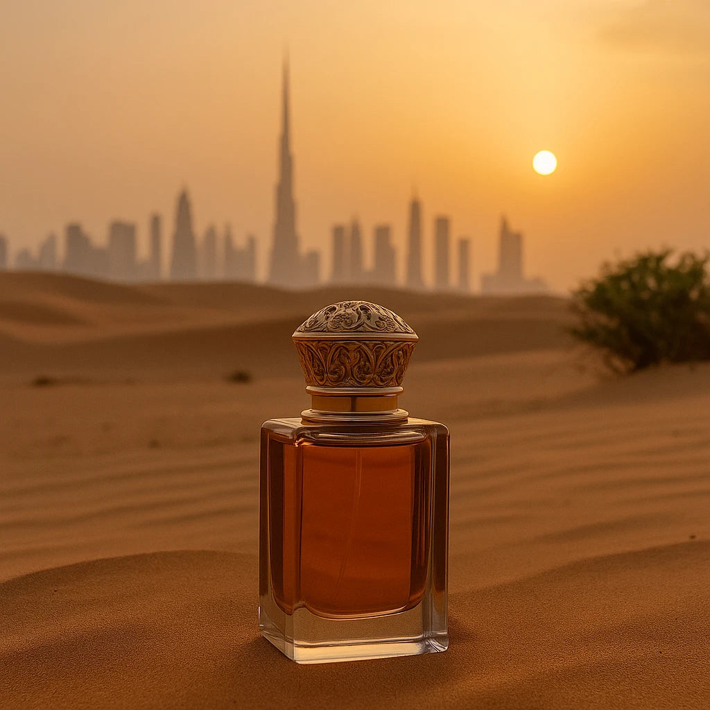 Perfume árabe Lattafa en Dubái al atardecer – frasco elegante sobre arena del desierto, símbolo de la perfumería oriental contemporánea: intensos, modernos y con sello tradicional.