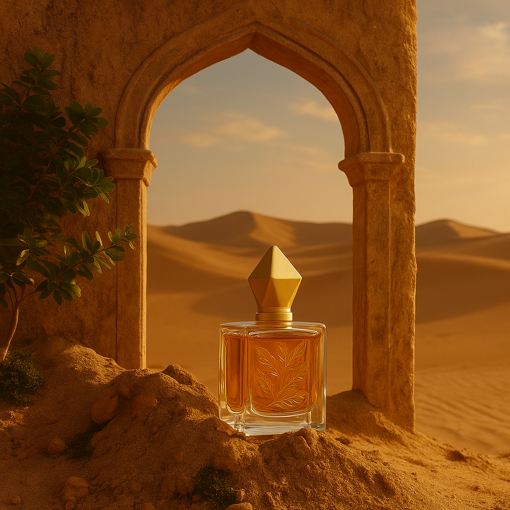 Botella de perfume elegante sobre arena dorada, enmarcada por un arco árabe con fondo de dunas y cielo cálido al atardecer.