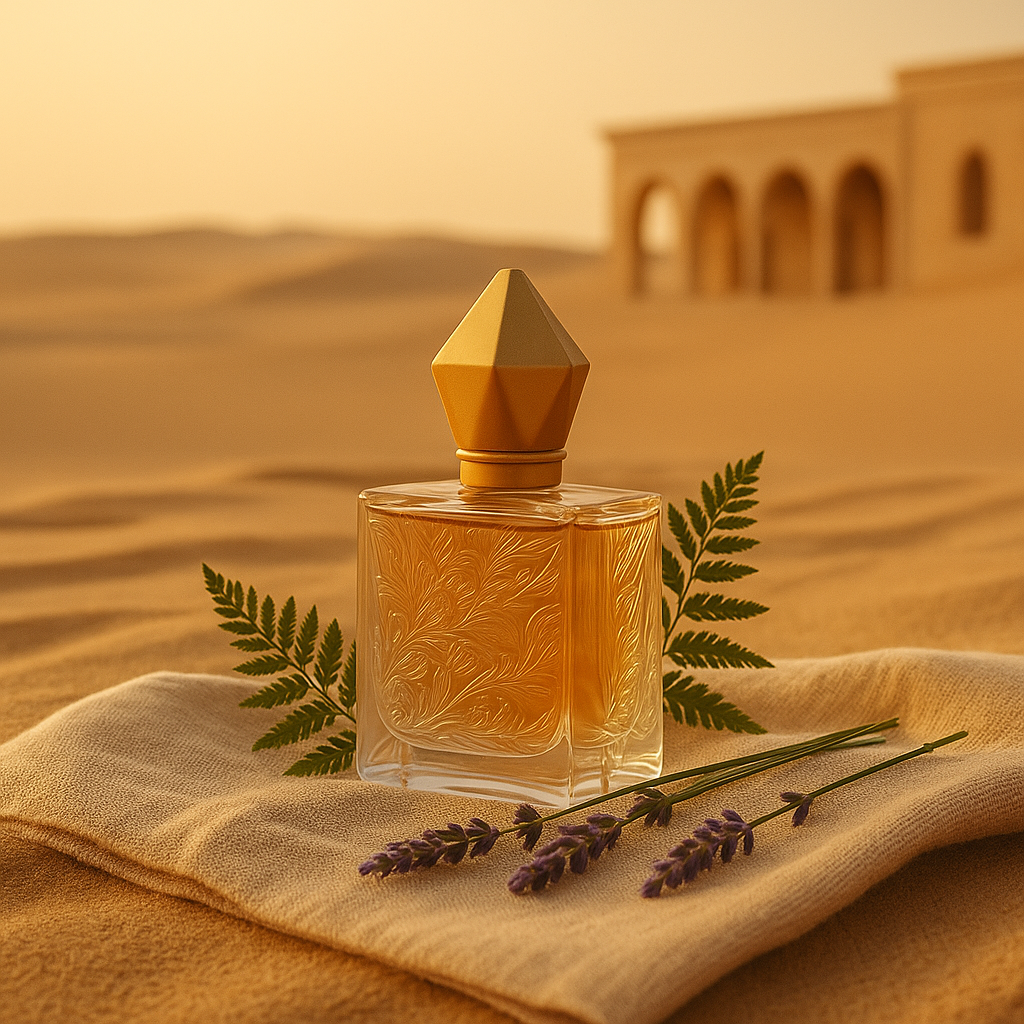 Perfume árabe fougère con notas verdes y lavanda sobre tela en el desierto – frescura elegante inspirada en la tradición oriental.