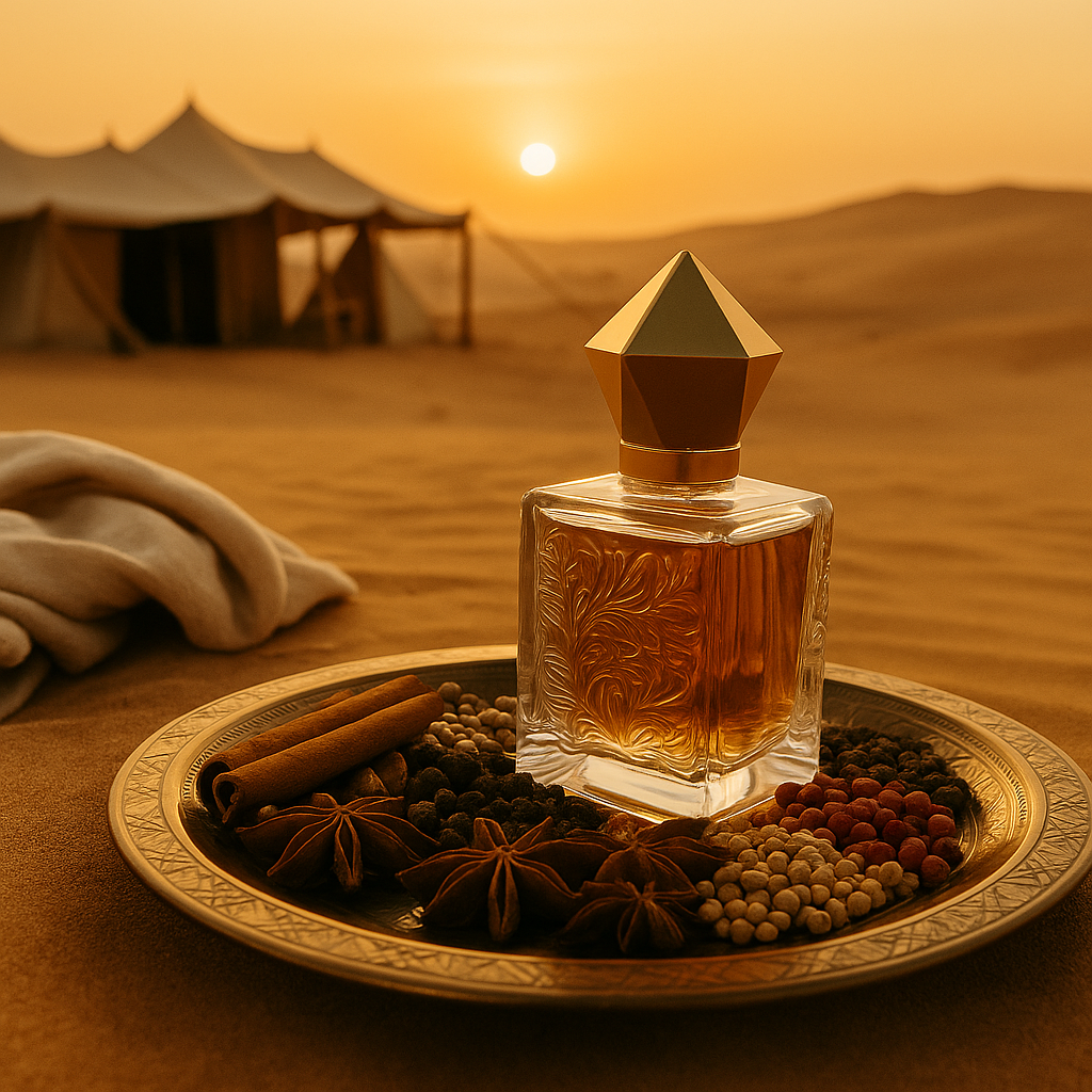 Perfume árabe especiado en frasco dorado con tapa piramidal, rodeado de anís estrellado y pimienta sobre bandeja oriental, con tiendas en el desierto al atardecer – colección de perfumes especiados con alma árabe.