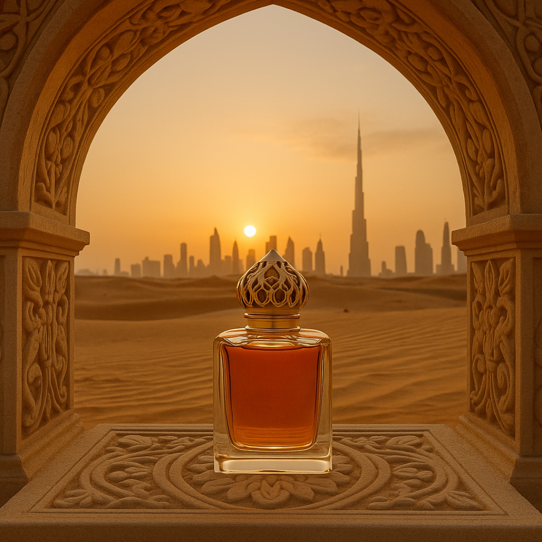 Perfume árabe de lujo ANFAR 1950 en frasco dorado bajo arco oriental – símbolo de elegancia atemporal con fondo de Dubái.