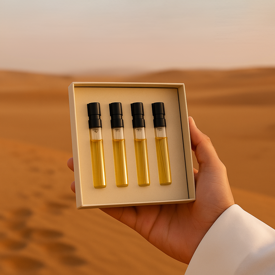 Caja con 4 muestras de perfume sostenida en la mano, representando la colección Pack de Muestras de perfumería árabe.