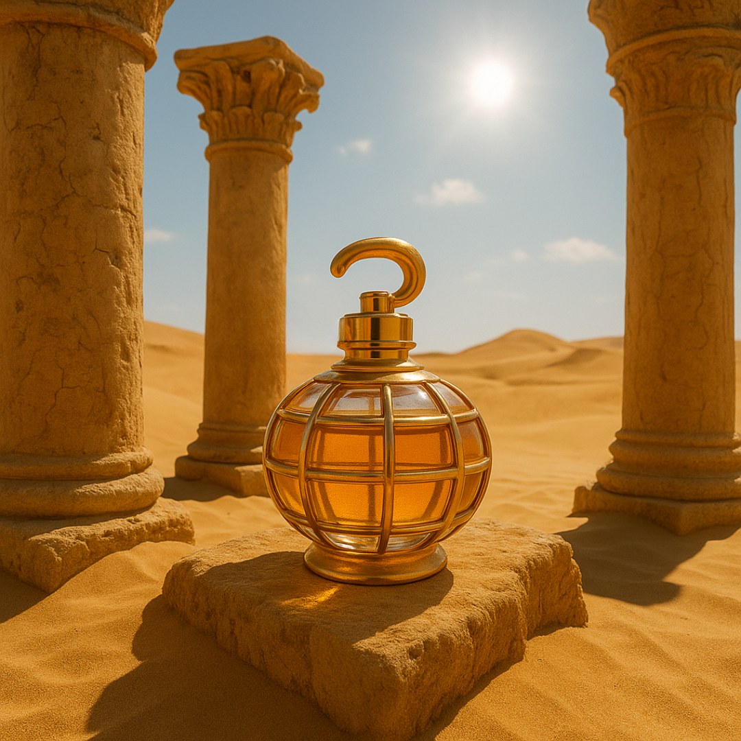 Frasco de perfume dorado sobre piedra antigua entre columnas clásicas – fusión de lujo francés y alma árabe