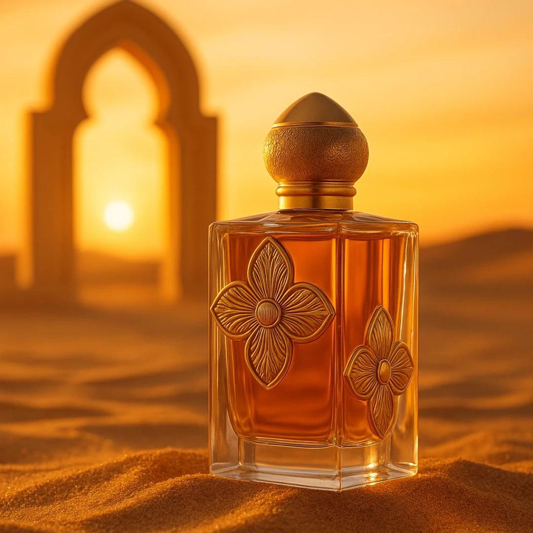 Frasco dorado de perfume sobre arena cálida al atardecer, inspirado en la colección Aroma West – perfumes árabes de lujo con esencia oriental y diseño exclusivo.