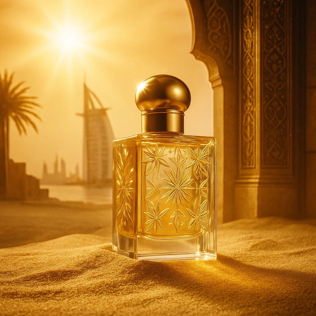 Perfume árabe de lujo Paris Corner en frasco dorado, inspirado en Dubái y la perfumería oriental intensa – elegancia, poder y sensualidad.