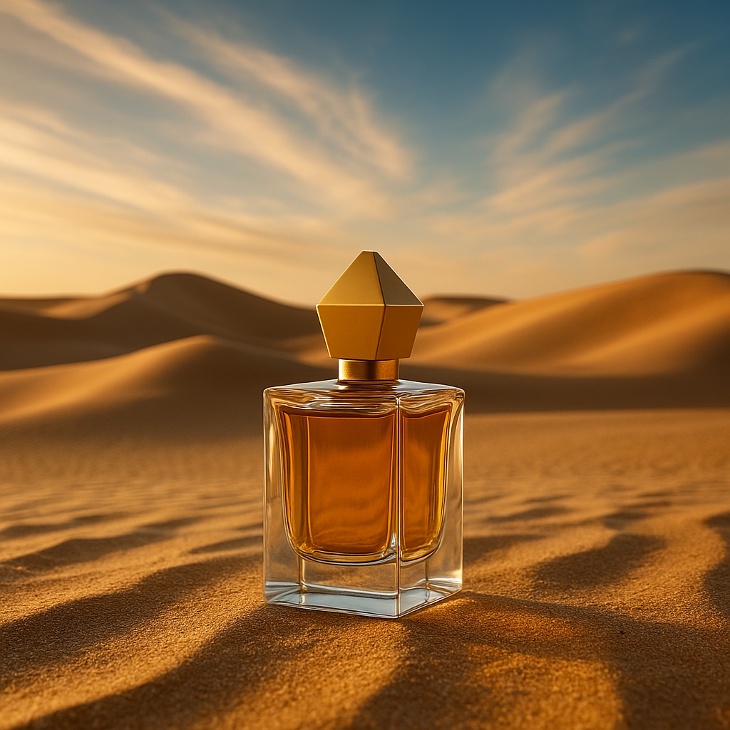 Perfume oriental en frasco dorado sobre las dunas al atardecer – colección Wadi Al Khaleej con aromas árabes versátiles, modernos y accesibles.