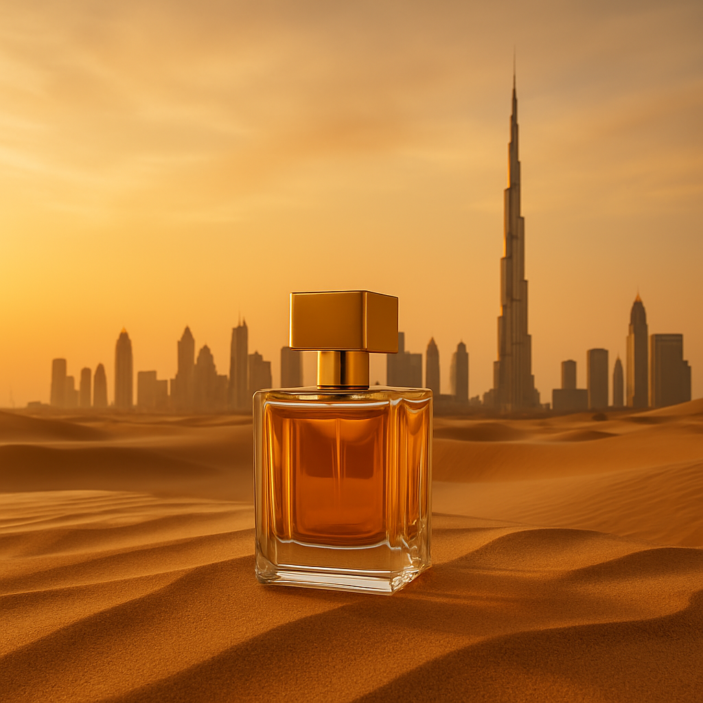Perfume árabe dorado sobre la arena del desierto con el skyline de Dubái al fondo
