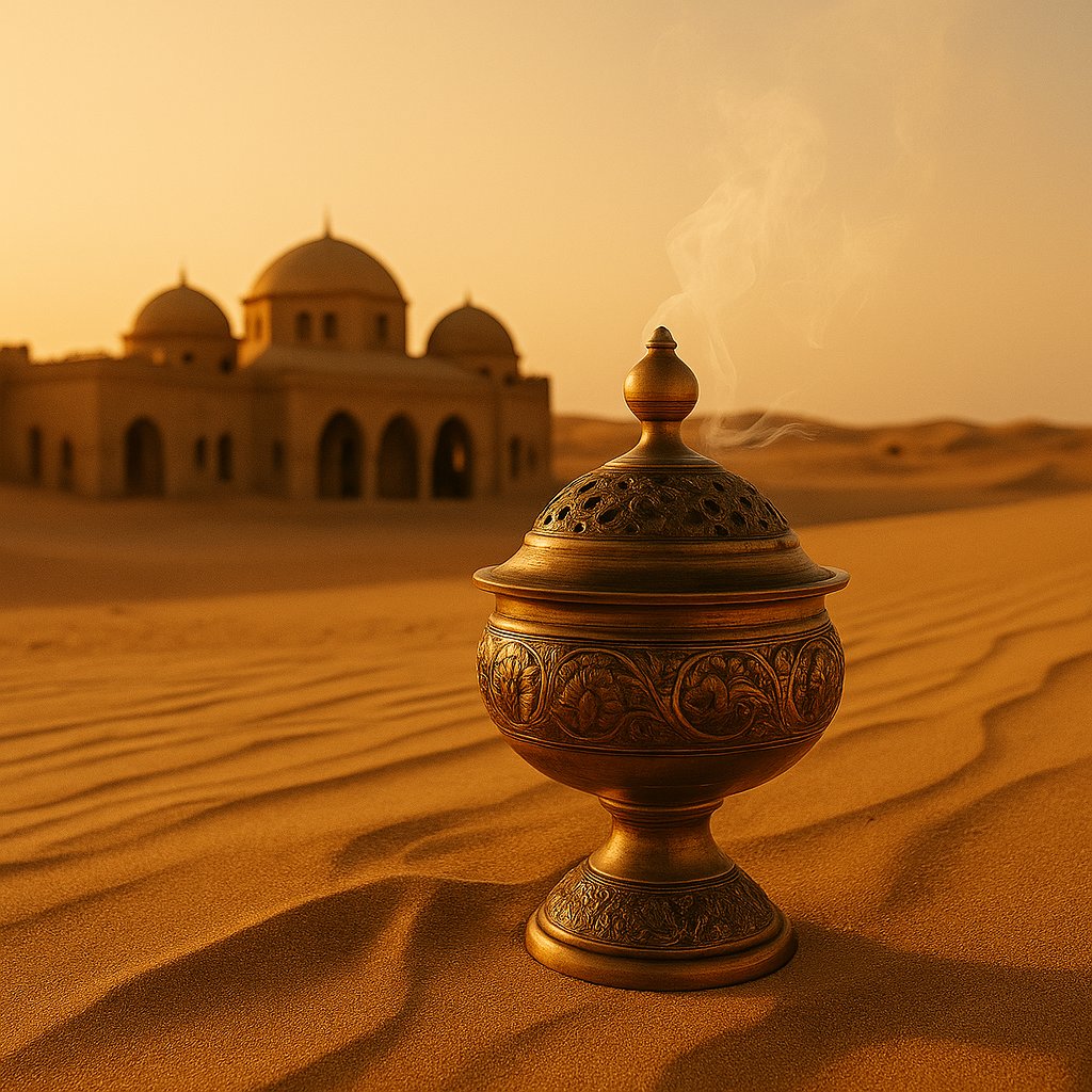 Ambientación árabe con incensario tradicional sobre la arena del desierto, símbolo de la riqueza olfativa de los perfumes orientales