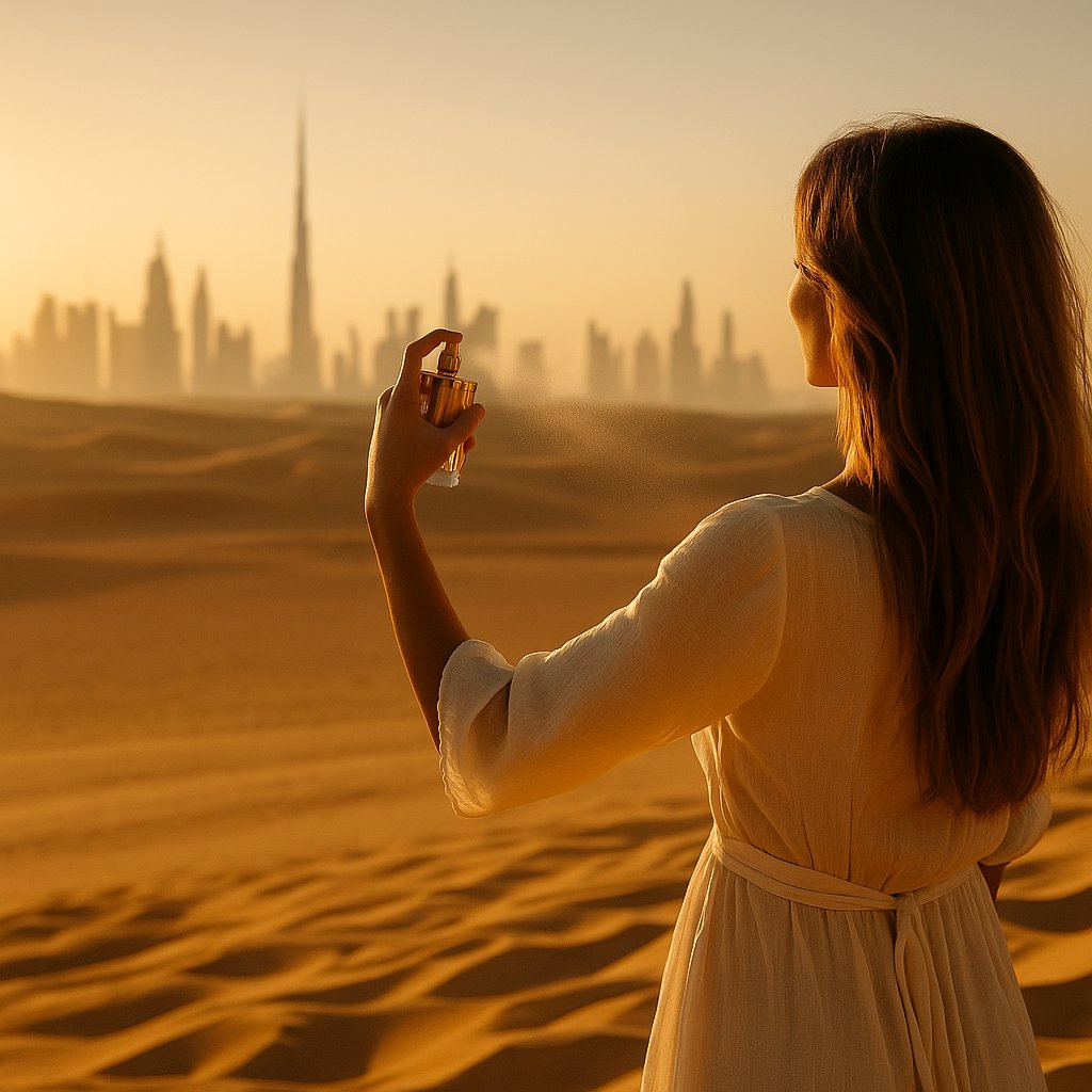 Mujer elegante en las dunas al atardecer, con Dubái al fondo – inspiración para perfumes árabes femeninos