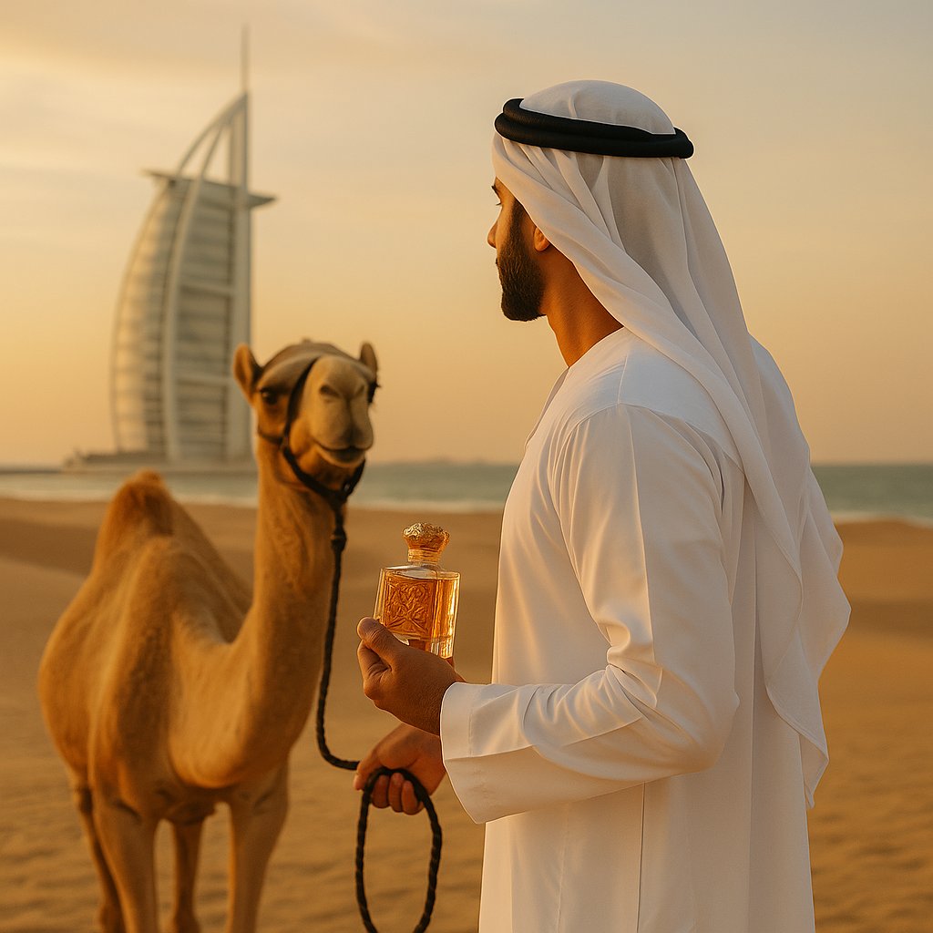 Hombre árabe elegante con perfume en la mano, junto a un camello en Dubái, representando la fuerza y sofisticación de los perfumes masculinos de inspiración árabe.