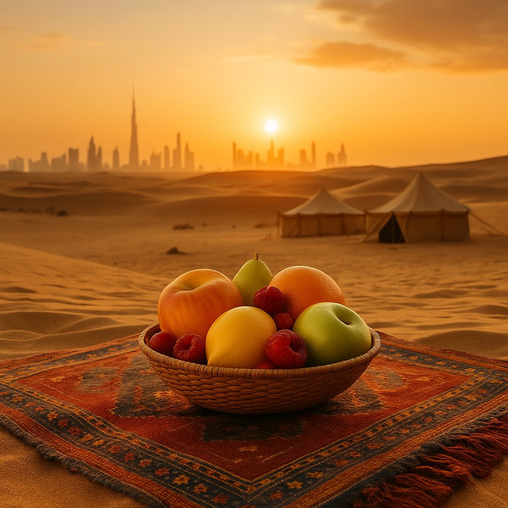 Frutas exóticas sobre alfombra oriental al atardecer, con Dubái al fondo – inspiración visual de la colección de perfumes frutales árabes con encanto oriental.