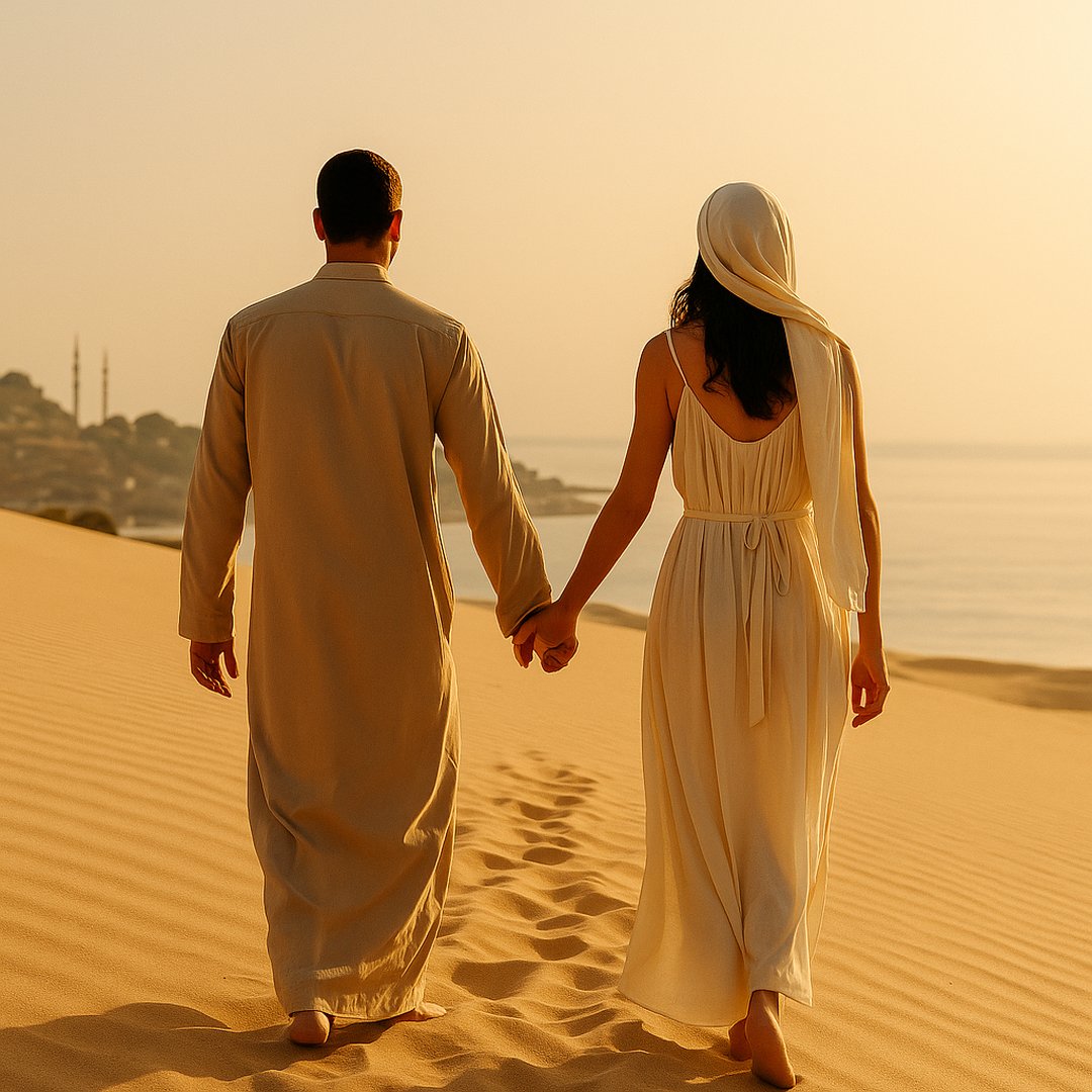 Pareja caminando por el desierto al atardecer – inspiración para perfumes árabes unisex con carácter universal