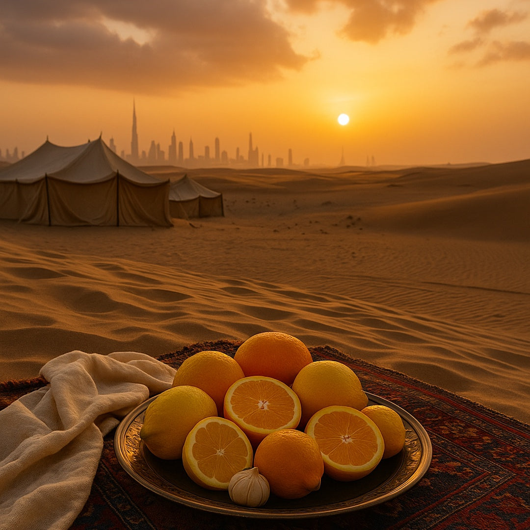 Cítricos frescos servidos sobre alfombra oriental al amanecer, con Dubái en el horizonte – imagen representativa de la colección de perfumes cítricos árabes con energía natural.