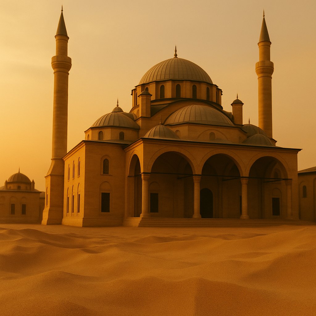 Frasco de perfume árabe frente a una mezquita otomana al atardecer, evocando la esencia turca