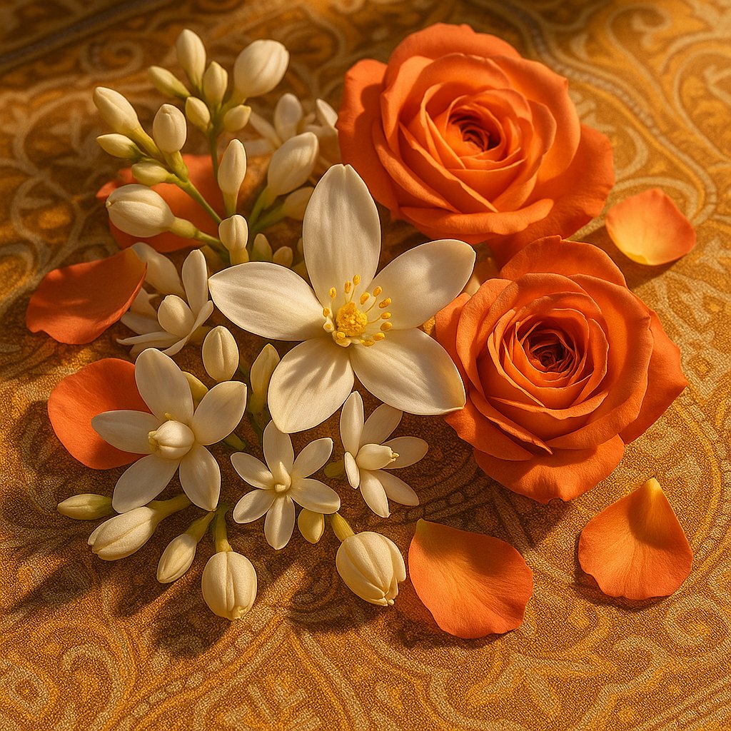 Ramo de flores blancas y naranjas sobre tela oriental, simbolizando la frescura natural y la elegancia floral de la perfumería de inspiración oriental.