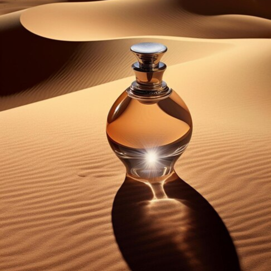 Frasco elegante de perfume reflejado en dunas doradas – imagen distintiva de la colección de perfumes Armaf, sinónimo de lujo y perfumería árabe moderna.