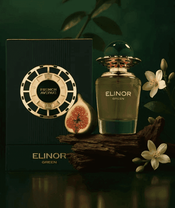 botella verde de perfume con verde fondo.