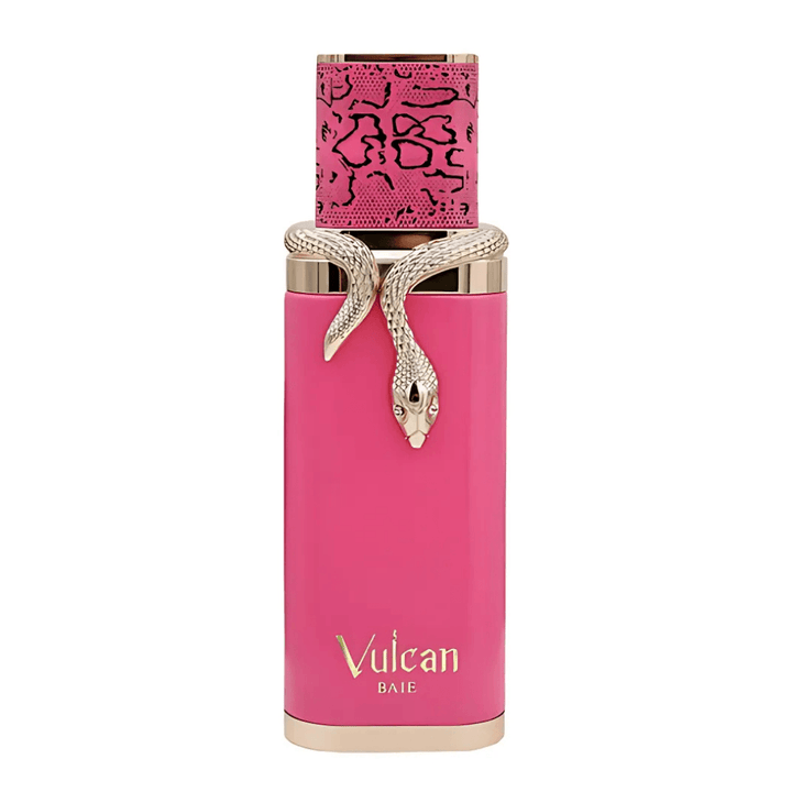 Eau de parfum para mujer Vulcan Baie, botella rosa con diseño exclusivo y detalles dorados.