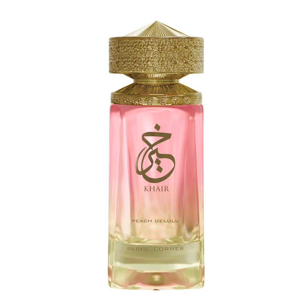 Eau de parfum para mujer Khair Peach Delulu, frasco degradado rosa y dorado con tapa grabada exclusiva