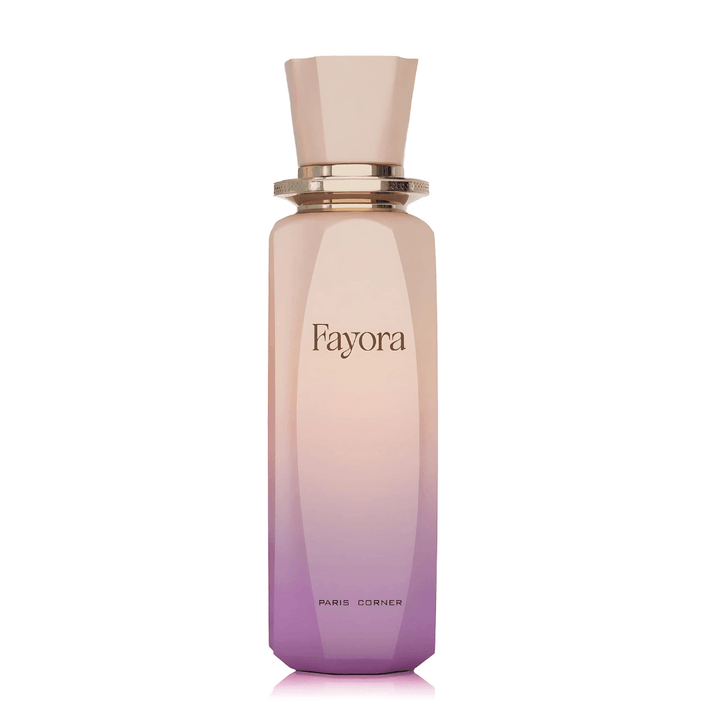 Perfume unisex Fayora by Paris Corner, eau de parfum premium en frasco degradado rosa y lila con tapa dorada elegante.