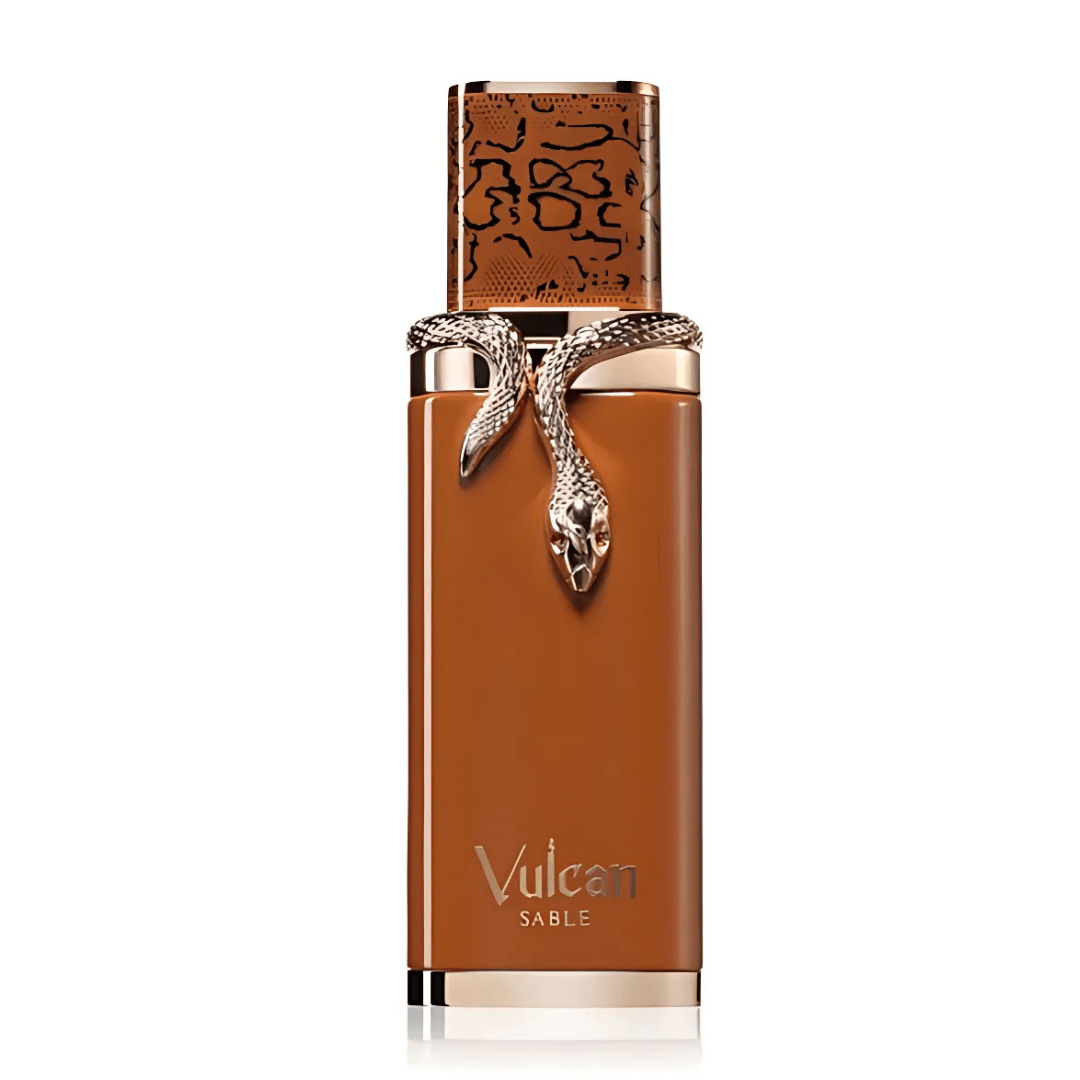 Perfume unisex Vulcan Sable, eau de parfum exclusivo en frasco marrón con adorno de serpiente dorada elegante