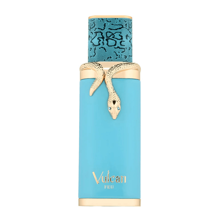 Perfume unisex Vulcan Feu, eau de parfum exclusivo en frasco azul con adorno de serpiente dorada elegante.