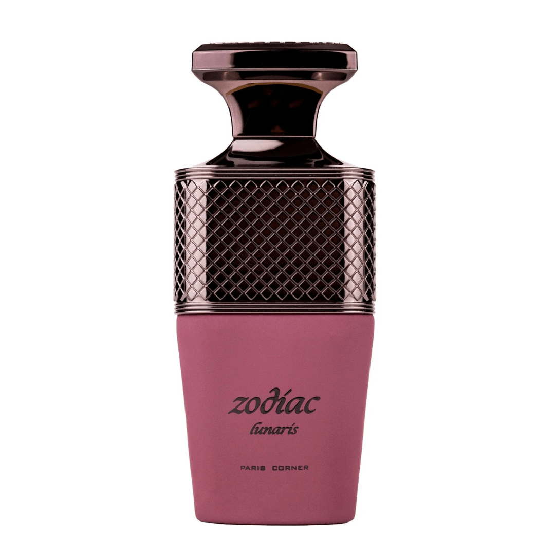 Perfume unisex Zodiac Lunaris by Paris Corner, eau de parfum exclusivo en frasco rosa metálico con tapa oscura elegante