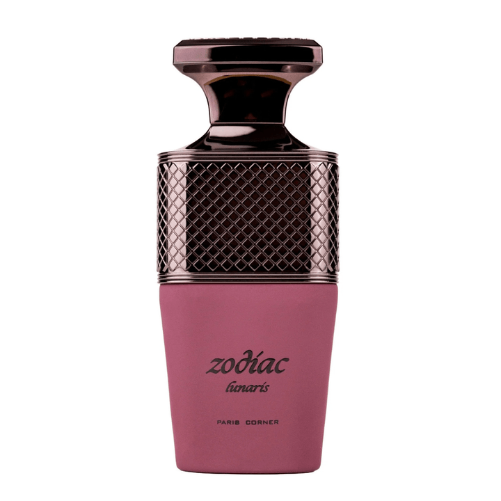 Perfume unisex Zodiac Lunaris by Paris Corner, eau de parfum exclusivo en frasco rosa metálico con tapa oscura elegante