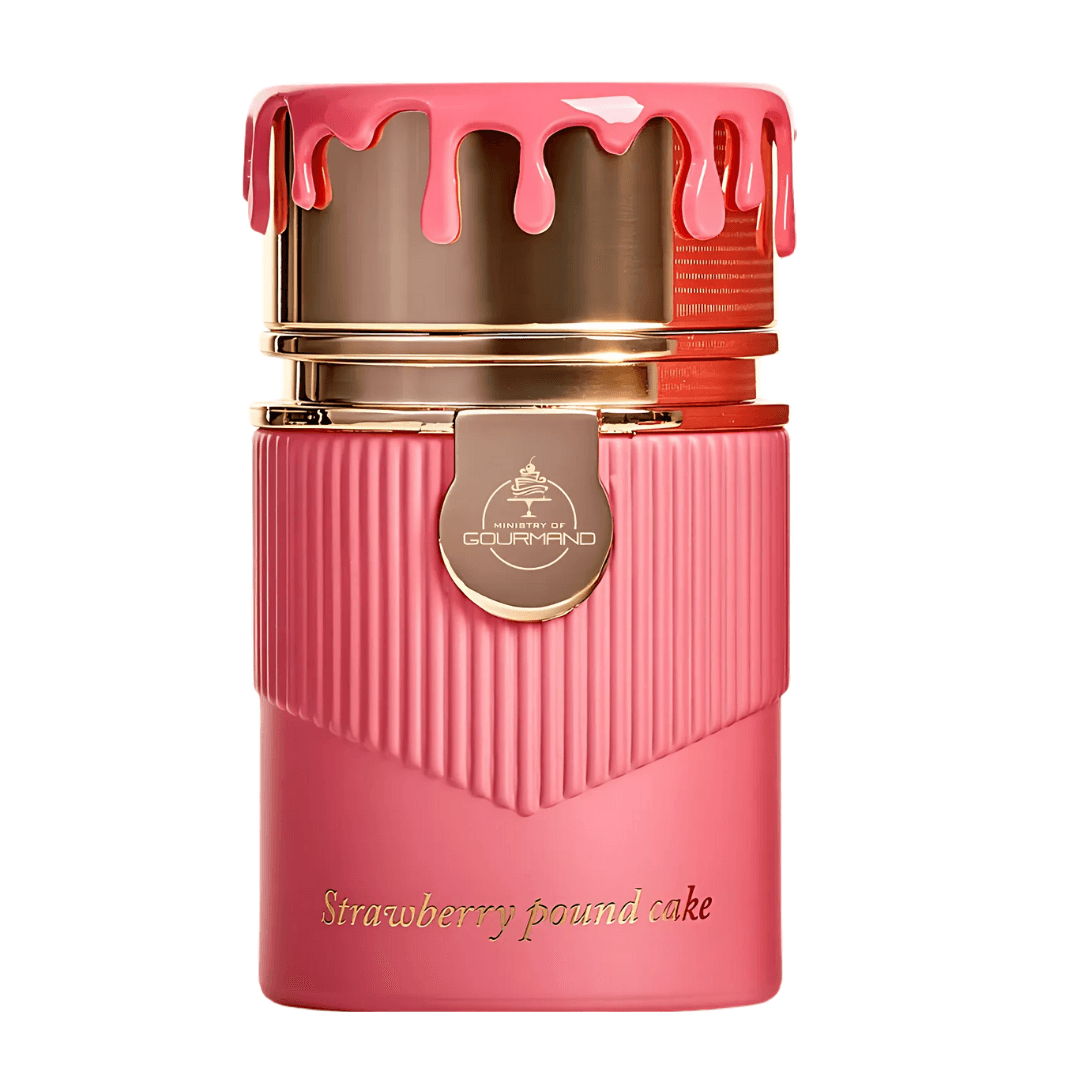 Perfume unisex Strawberry Pound Cake by Ministry of Gourmand, eau de parfum exclusivo en frasco rosa con tapa dorada y caja decorativa elegante.