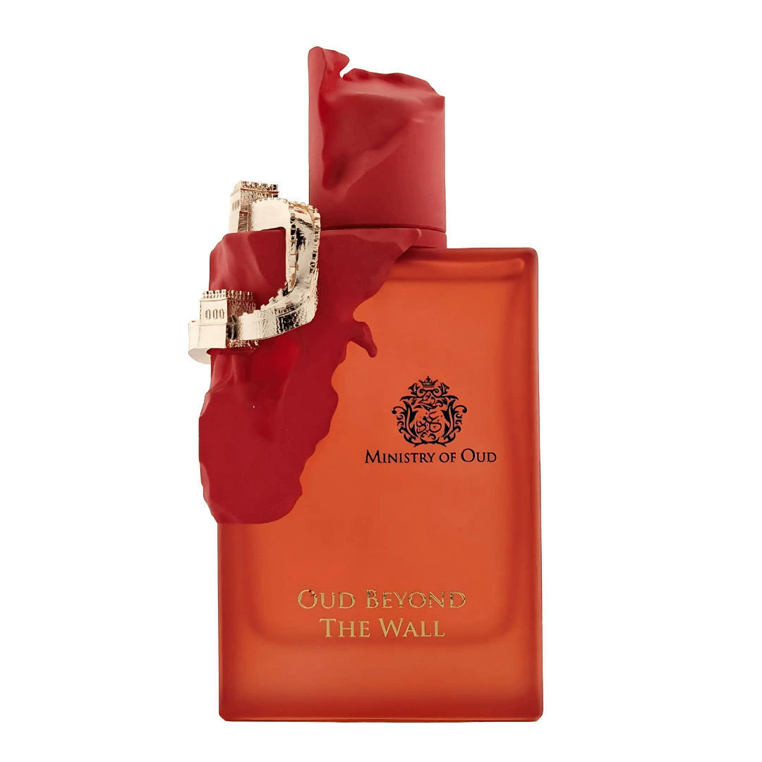 Perfume unisex Oud Beyond The Wall by Ministry of Oud, eau de parfum exclusivo en frasco rojo con tapa artística y detalles dorados de lujo