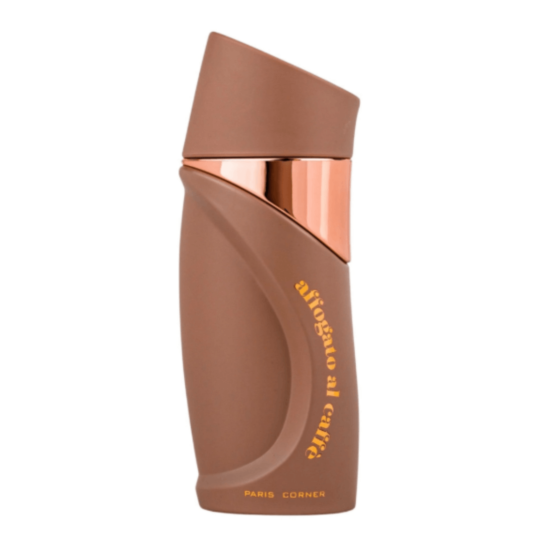 Perfume unisex Affogato al Caffè by Paris Corner, eau de parfum exclusivo en frasco marrón con detalles cobrizos de lujo inspirado en el café.