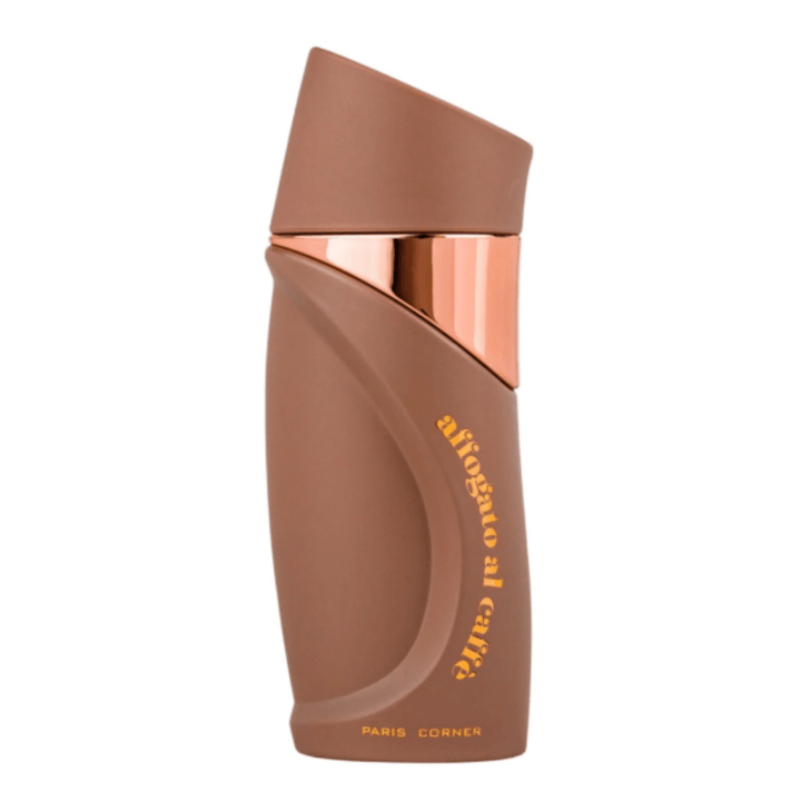 Perfume unisex Affogato al Caffè by Paris Corner, eau de parfum exclusivo en frasco marrón con detalles cobrizos de lujo inspirado en el café.