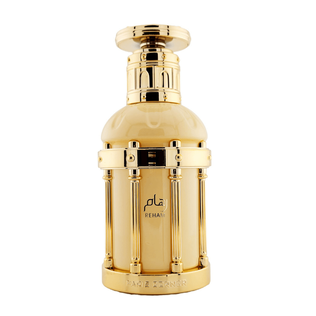 Perfume unisex Reham Vanilla Mood by Paris Corner, eau de parfum exclusivo en frasco dorado de lujo con diseño arquitectónico elegante.