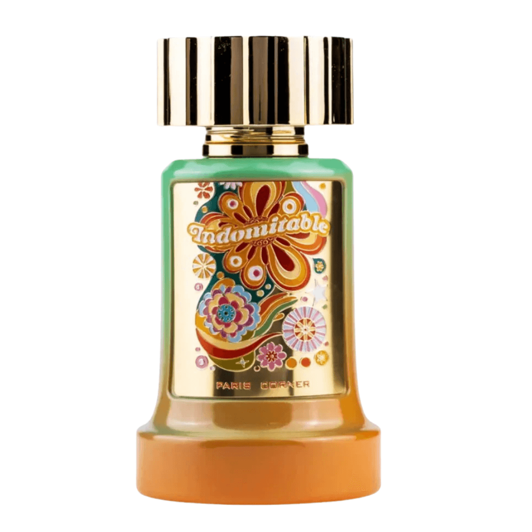 Perfume unisex Indomitable by Paris Corner, eau de parfum exclusivo en frasco colorido con diseño floral artístico y tapa dorada de lujo.