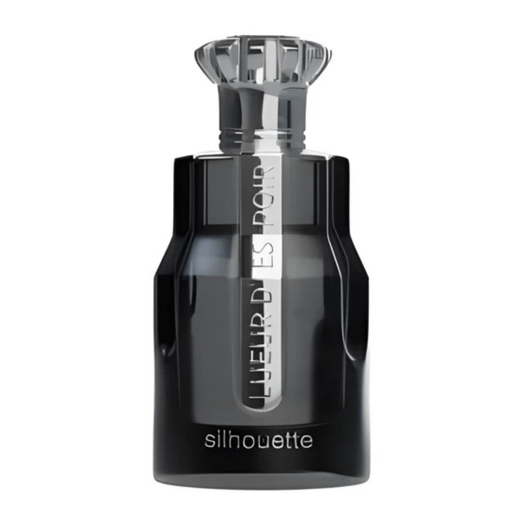 Perfume unisex Silhouette Lueur d’Espoir, eau de parfum exclusivo en frasco negro con detalles metálicos plateados de lujo