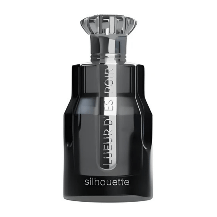 Perfume unisex Silhouette Lueur d’Espoir, eau de parfum exclusivo en frasco negro con detalles metálicos plateados de lujo