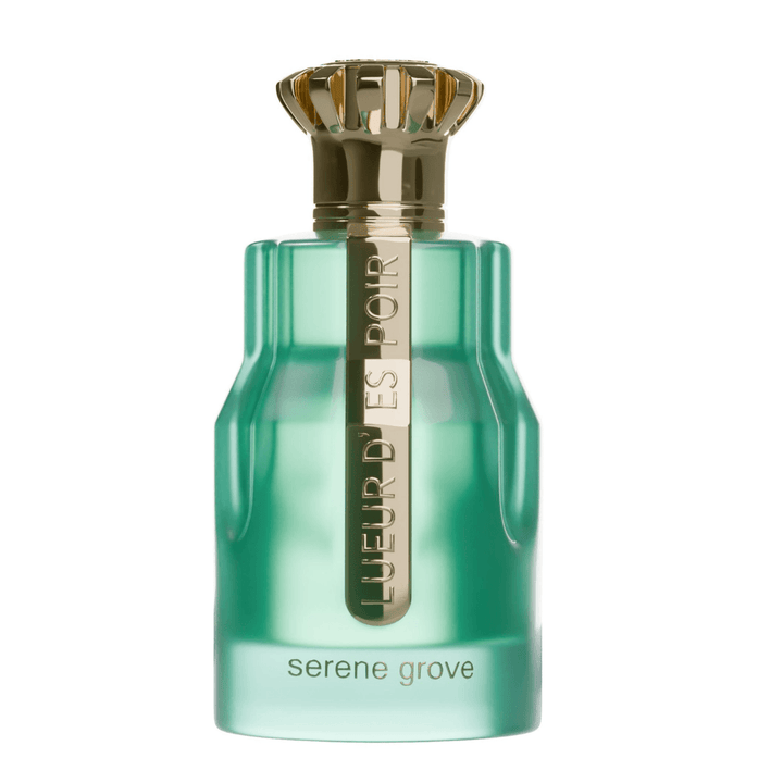 Perfume unisex Silhouette Lueur d’Espoir Serene Grove, eau de parfum exclusivo en frasco verde con tapa dorada elegante.