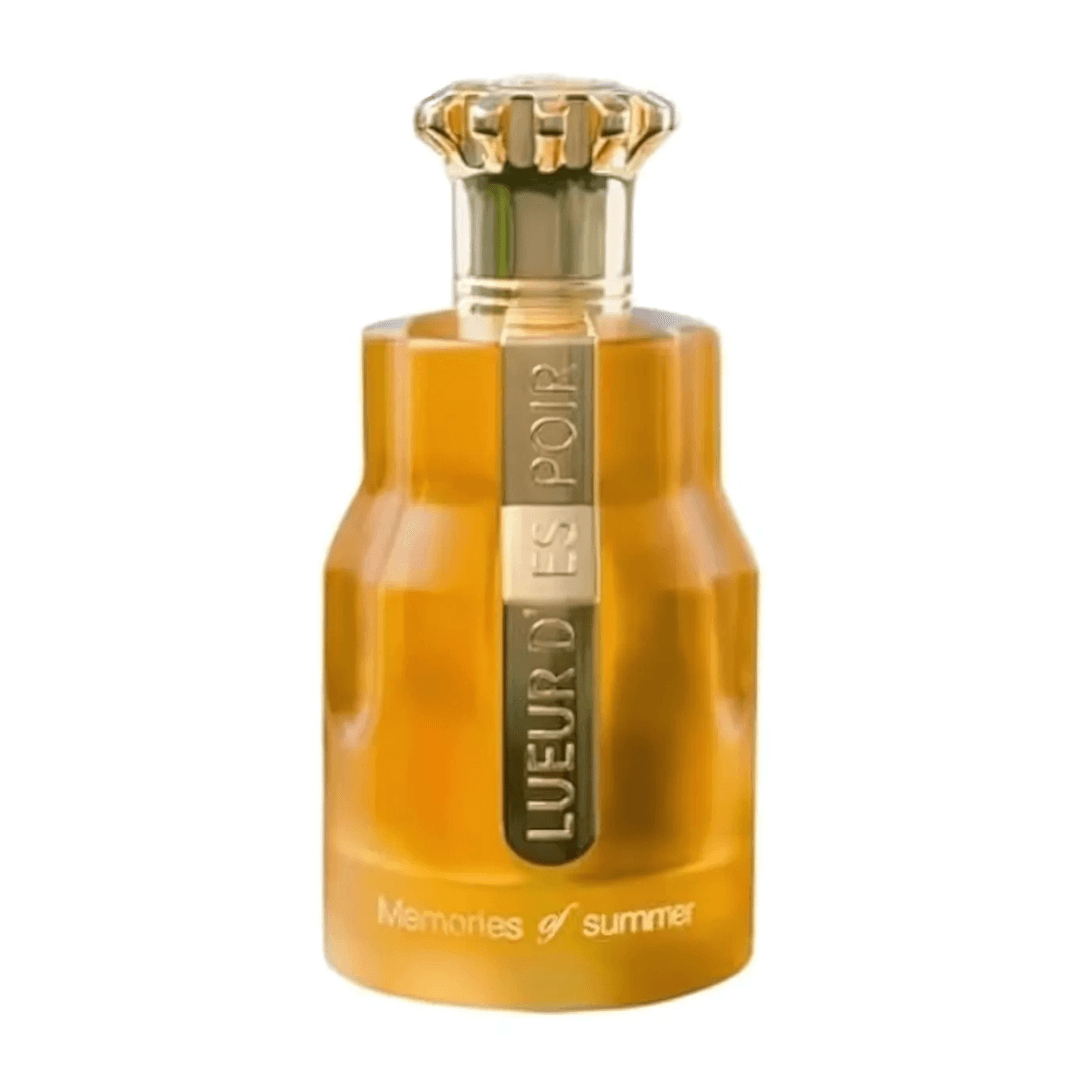 Perfume unisex Silhouette Lueur d’Espoir Memories of Summer, eau de parfum exclusivo en frasco ámbar con tapa dorada elegante.