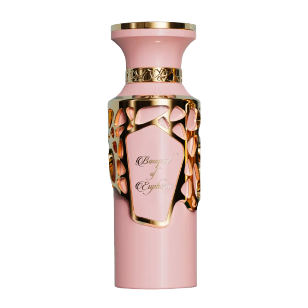 Perfume unisex Bouquet of Euphoria, eau de parfum exclusivo en frasco rosa con detalles dorados de lujo y diseño elegante.