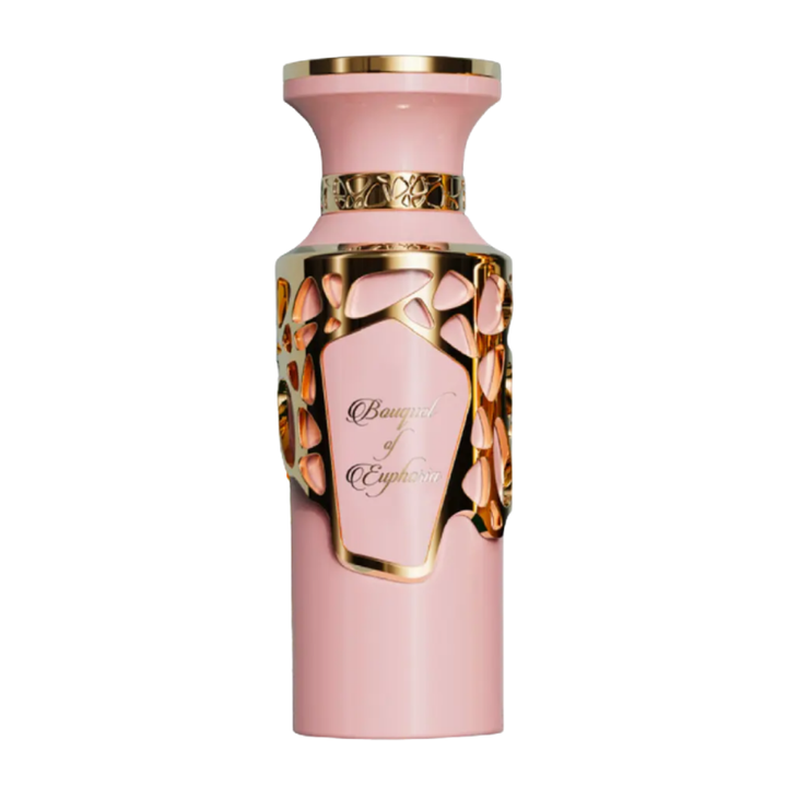 Perfume unisex Bouquet of Euphoria, eau de parfum exclusivo en frasco rosa con detalles dorados de lujo y diseño elegante.
