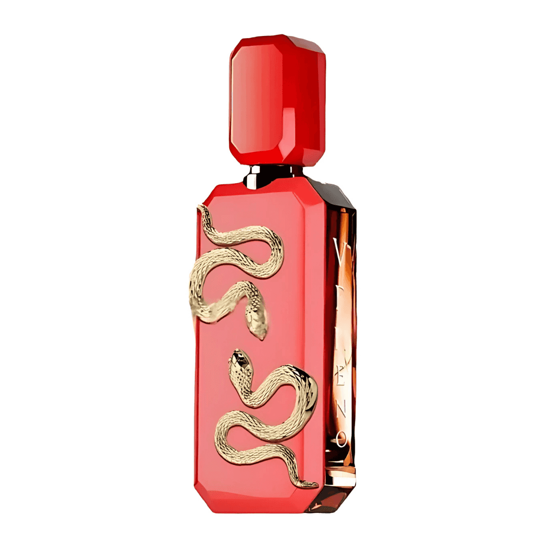 Perfume unisex con diseño exclusivo de serpiente dorada, eau de parfum de lujo en frasco rojo elegante.