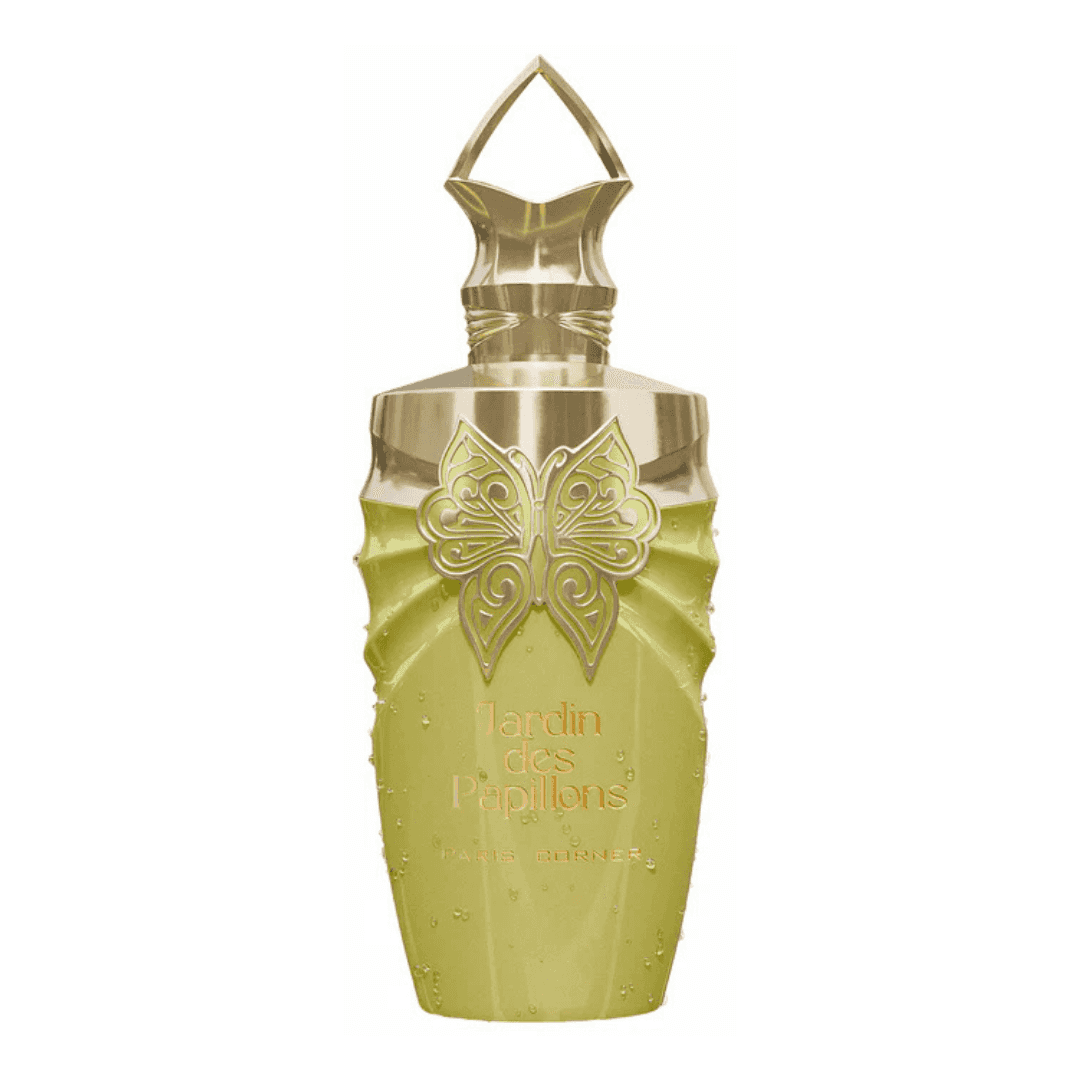 Perfume unisex Jardin des Papillons by Paris Corner, eau de parfum exclusivo en frasco verde con mariposa dorada elegante.