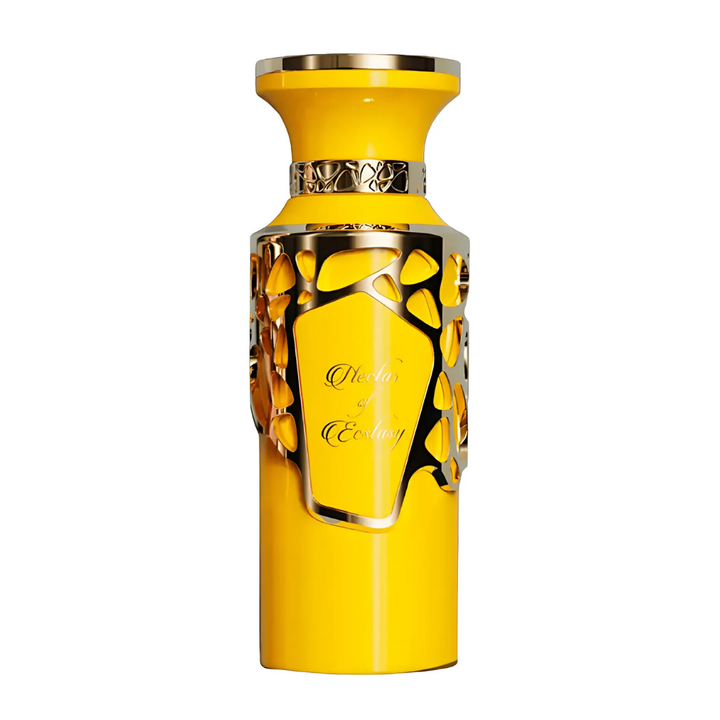 Perfume unisex de lujo Nectar of Ecstasy – fragancia exclusiva y duradera en frasco amarillo dorado con detalles elegantes, ideal para quienes buscan sofisticación y originalidad.