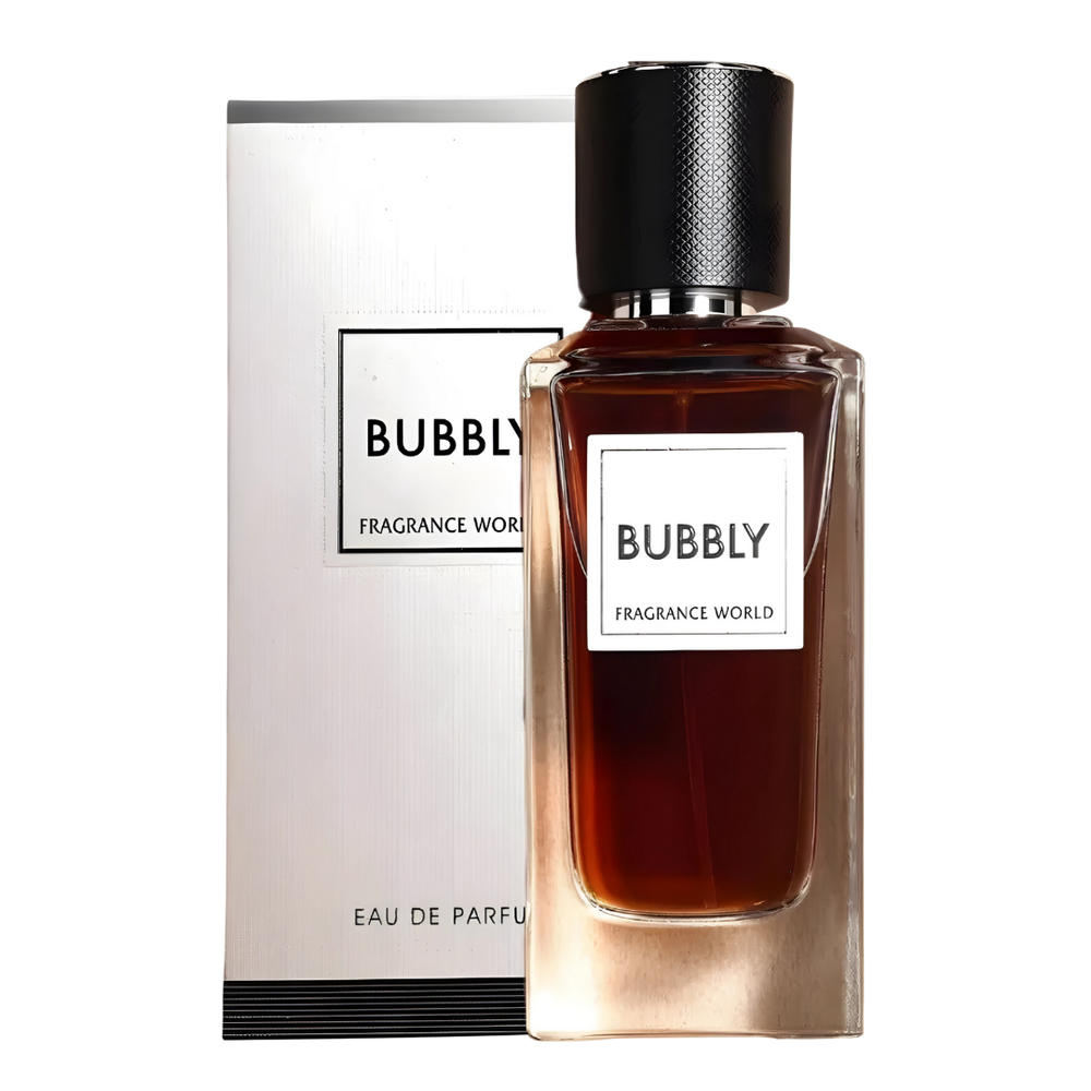 Perfume unisex de lujo Bubbly by Fragrance World – Eau de Parfum intenso y elegante de 100 ml en frasco ámbar con caja minimalista, ideal para ocasiones especiales.