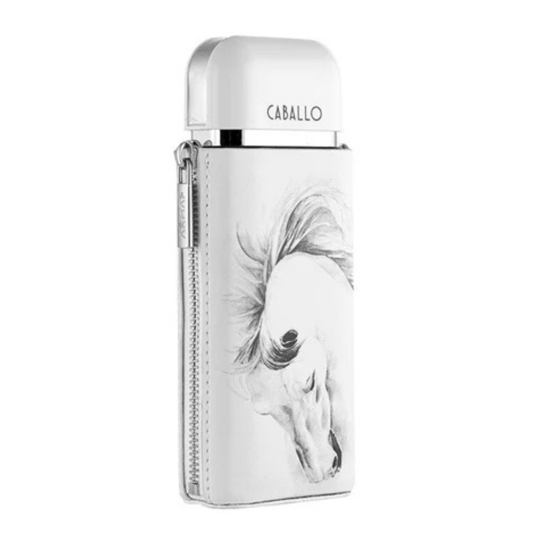 Perfume unisex Caballo Pour Homme – Eau de Parfum exclusivo en frasco blanco con diseño artístico de caballo, fragancia elegante y duradera para quienes buscan distinción.