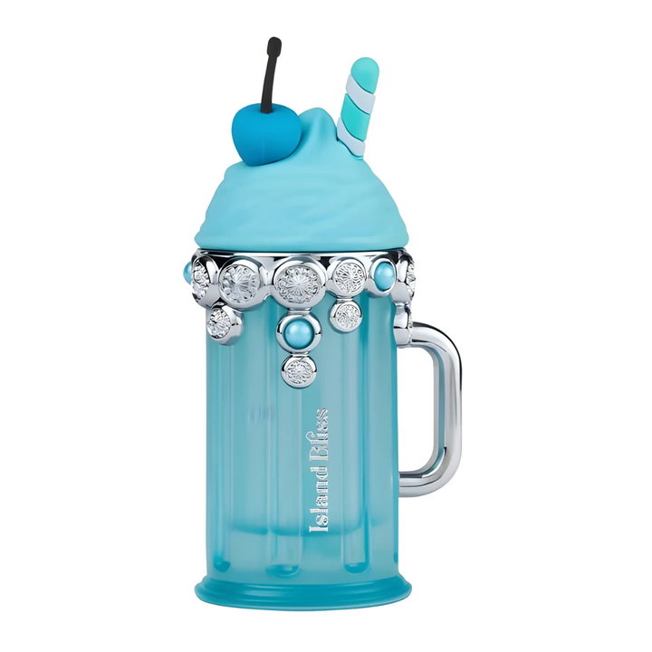 Perfume unisex Island Bliss – Eau de Parfum exclusivo en frasco azul joya con diseño de batido y detalles brillantes, fragancia tropical, divertida y sofisticada.