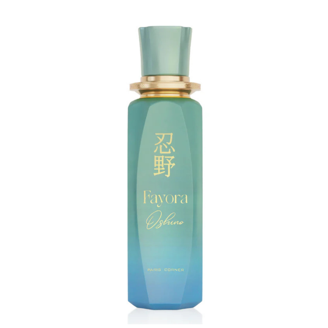 Perfume unisex Fayora Oshino de Paris Corner – Eau de Parfum fresco y elegante en frasco azul verdoso con detalles dorados, inspirado en la calma oriental y el lujo moderno