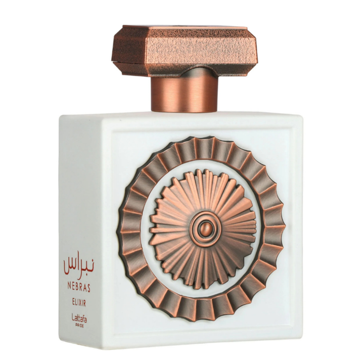 Perfume unisex Nebras Elixir de Lattafa Pride – Eau de Parfum intenso con notas dulces y orientales, presentado en elegante frasco blanco con detalles dorado cobre