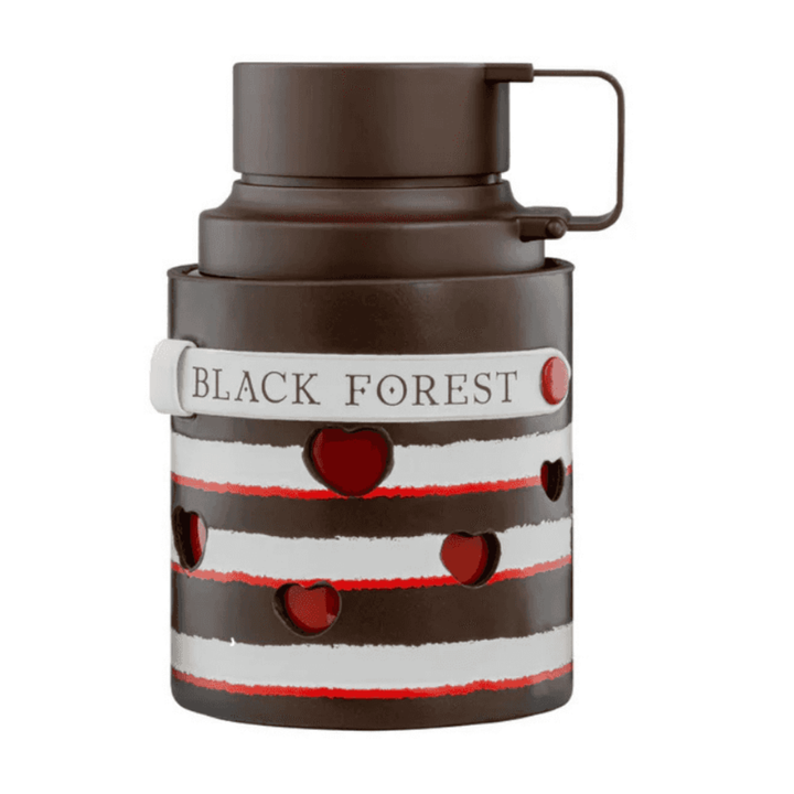 Perfume unisex Odyssey Black Forest de Armaf – Eau de Parfum gourmand con notas de cereza, chocolate y vainilla, presentado en frasco marrón con diseño inspirado en el pastel Selva Negra.