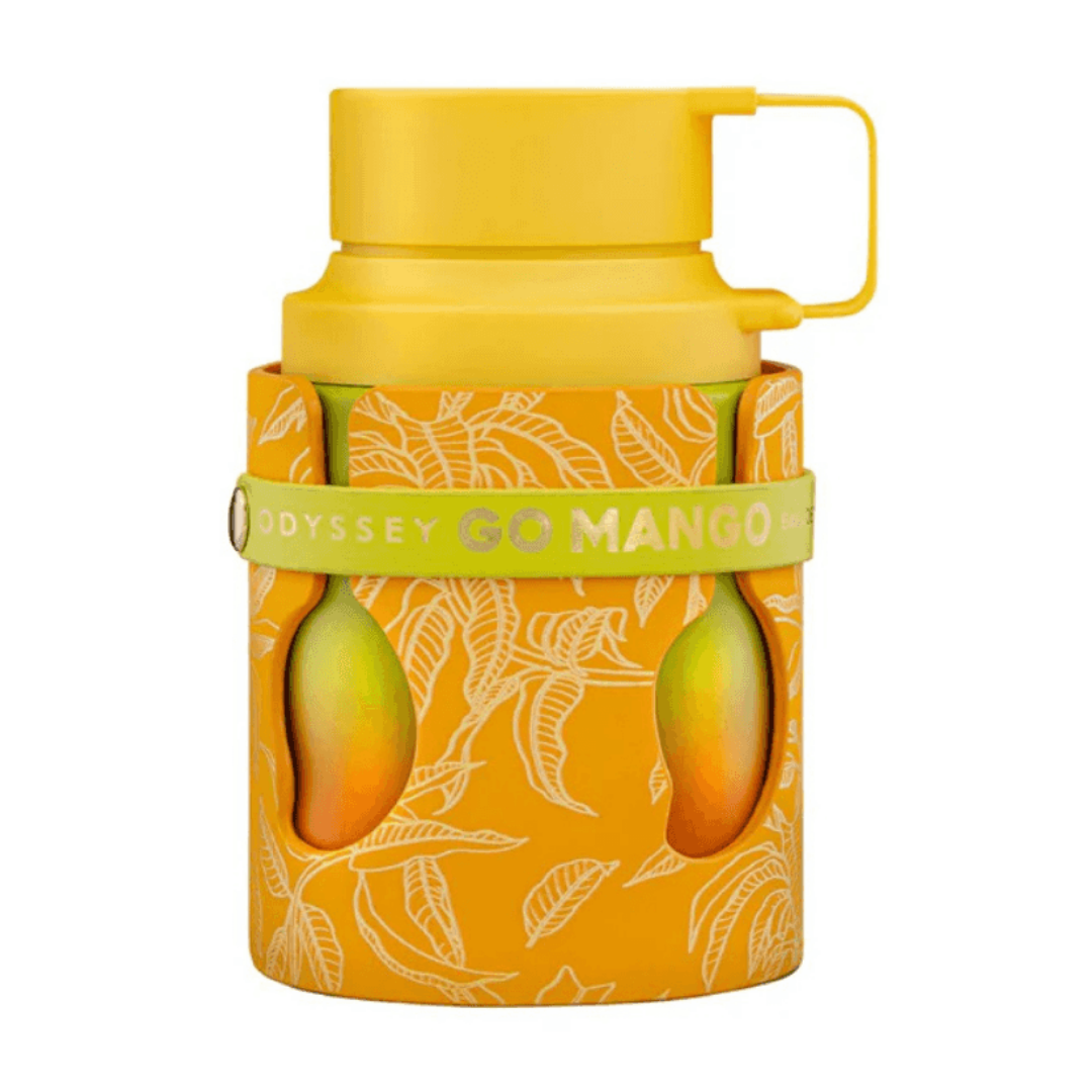 Perfume unisex Odyssey Go Mango de Armaf – Eau de Parfum frutal tropical con notas de mango maduro, cítricos y almizcle, presentado en frasco amarillo vibrante con diseño veraniego.